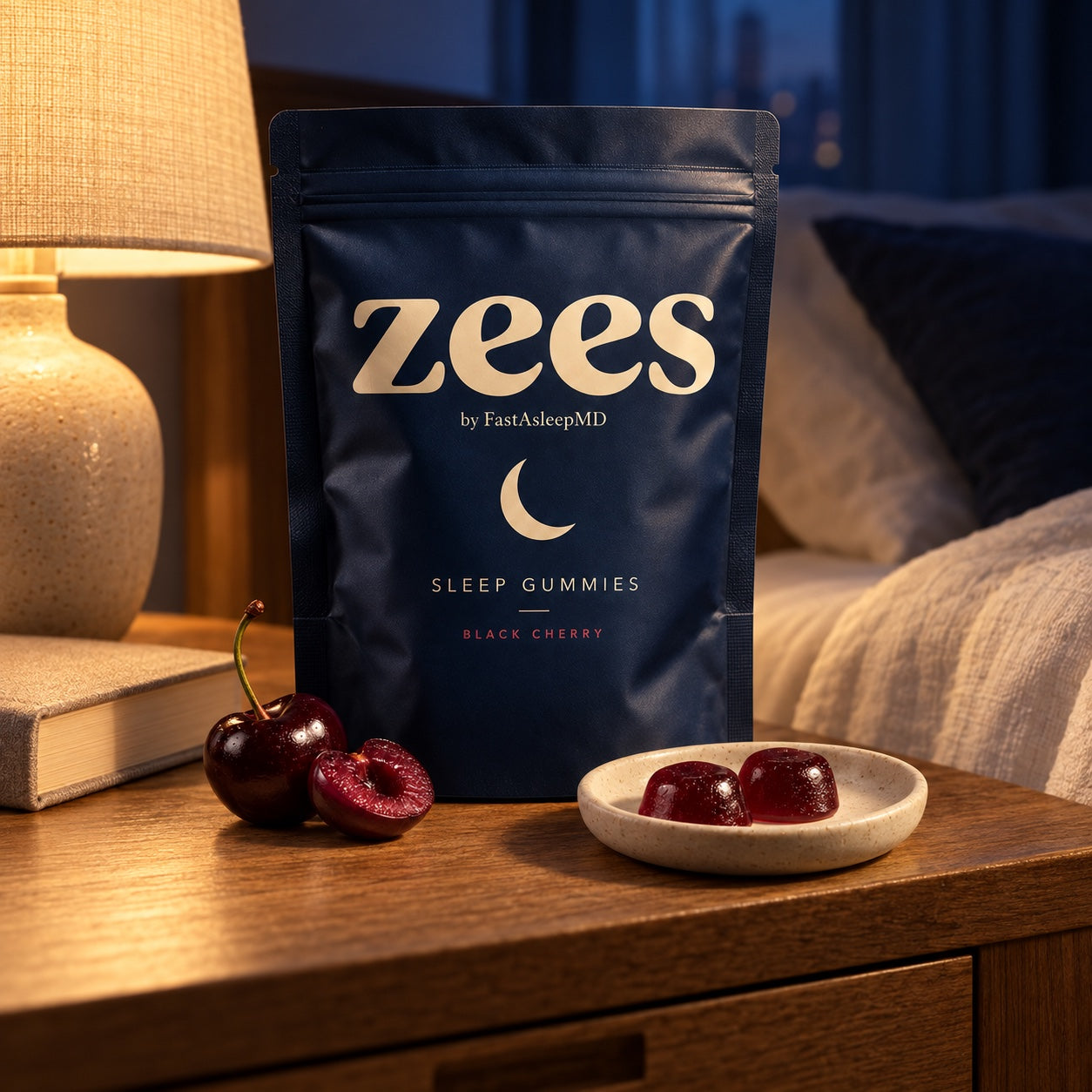 Zees pouch on an oak nightstand in warm lamplight